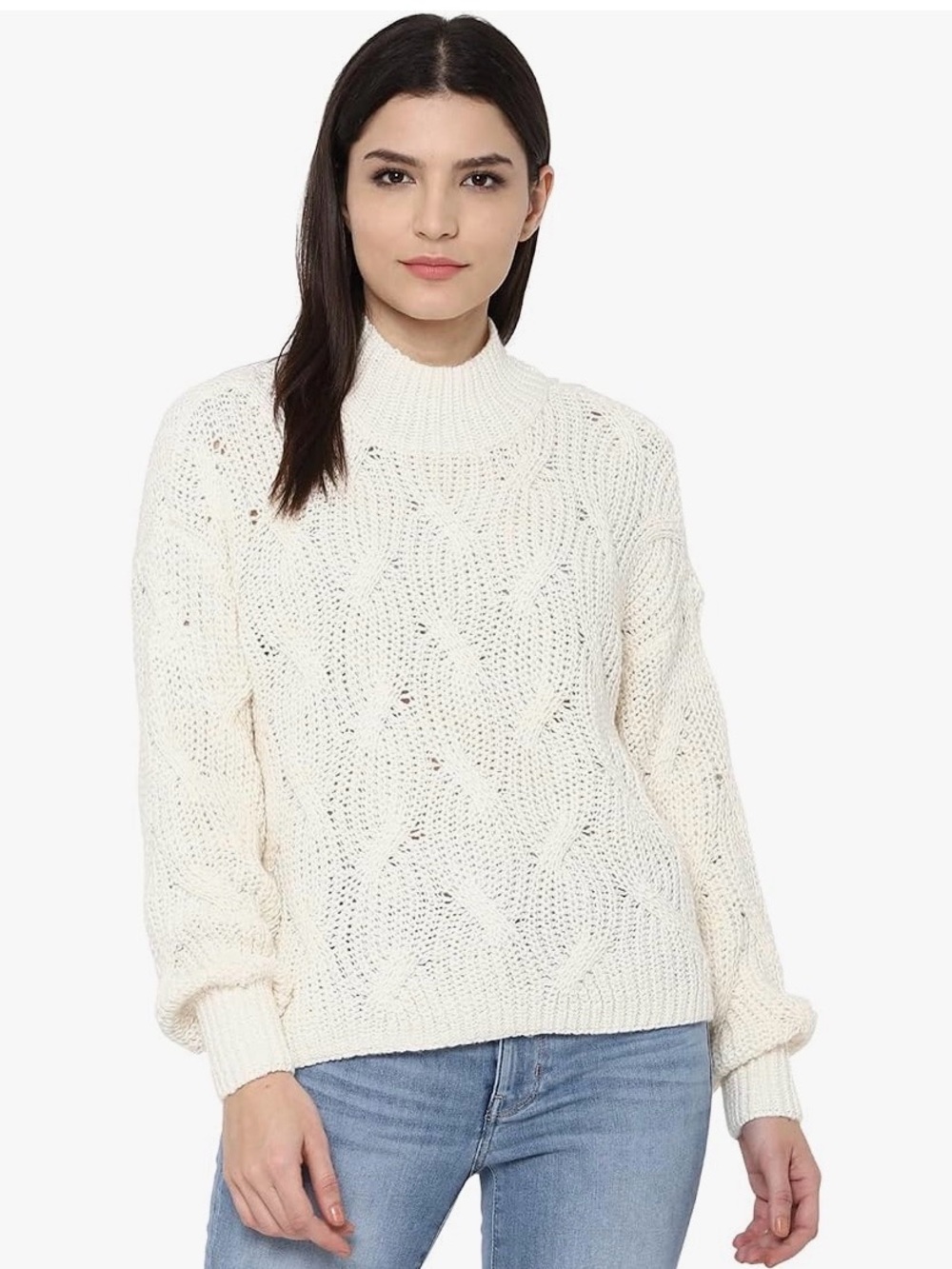 American Eagle Women’s Cable Knit Mock Neck Sweater Cream Size S Fall Cozy